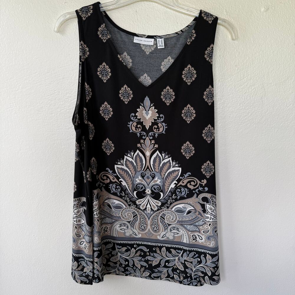 Susan Graver Liquid Knit V-neck tank top black and tan paisley pattern size 2X - Picture 3 of 9